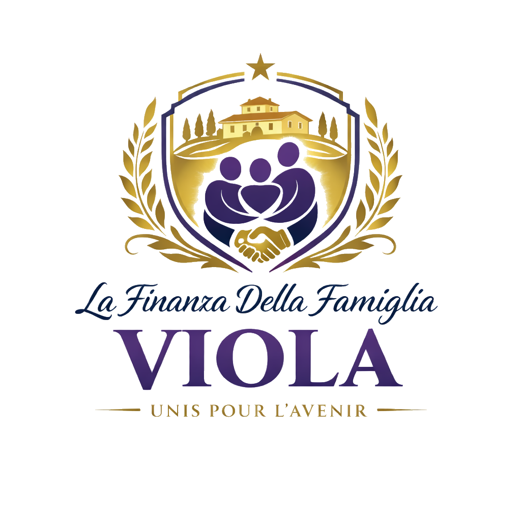 Logo partenariat-immobilier-et-financier à Carcassonne, blason doré famille unie, lauriers et slogan Unis pour l’avenir