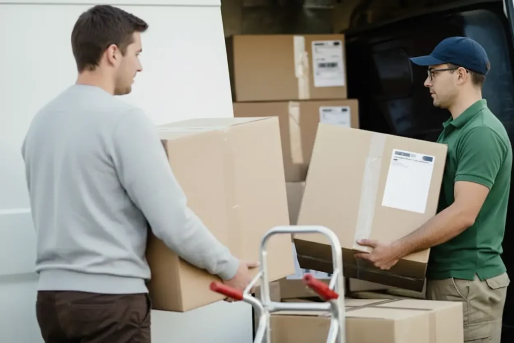 Déménagement solidaire partenariat-immobilier-et-financier à Carcassonne avec deux livreurs portant des cartons