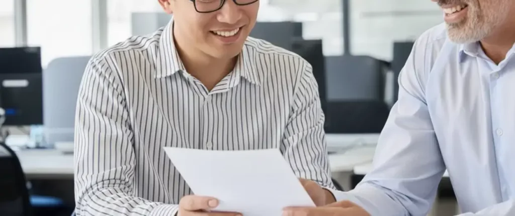 Conseil partenariat-immobilier-et-financier entre deux collègues souriants dans un bureau moderne à Carcassonne